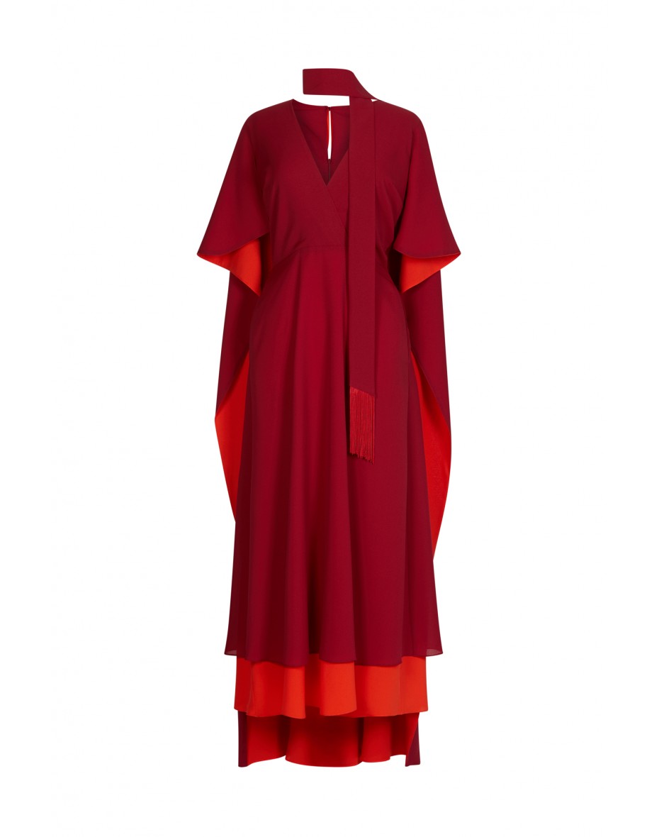 Bordeaux V-neck cape-sleeve crepe midi dress