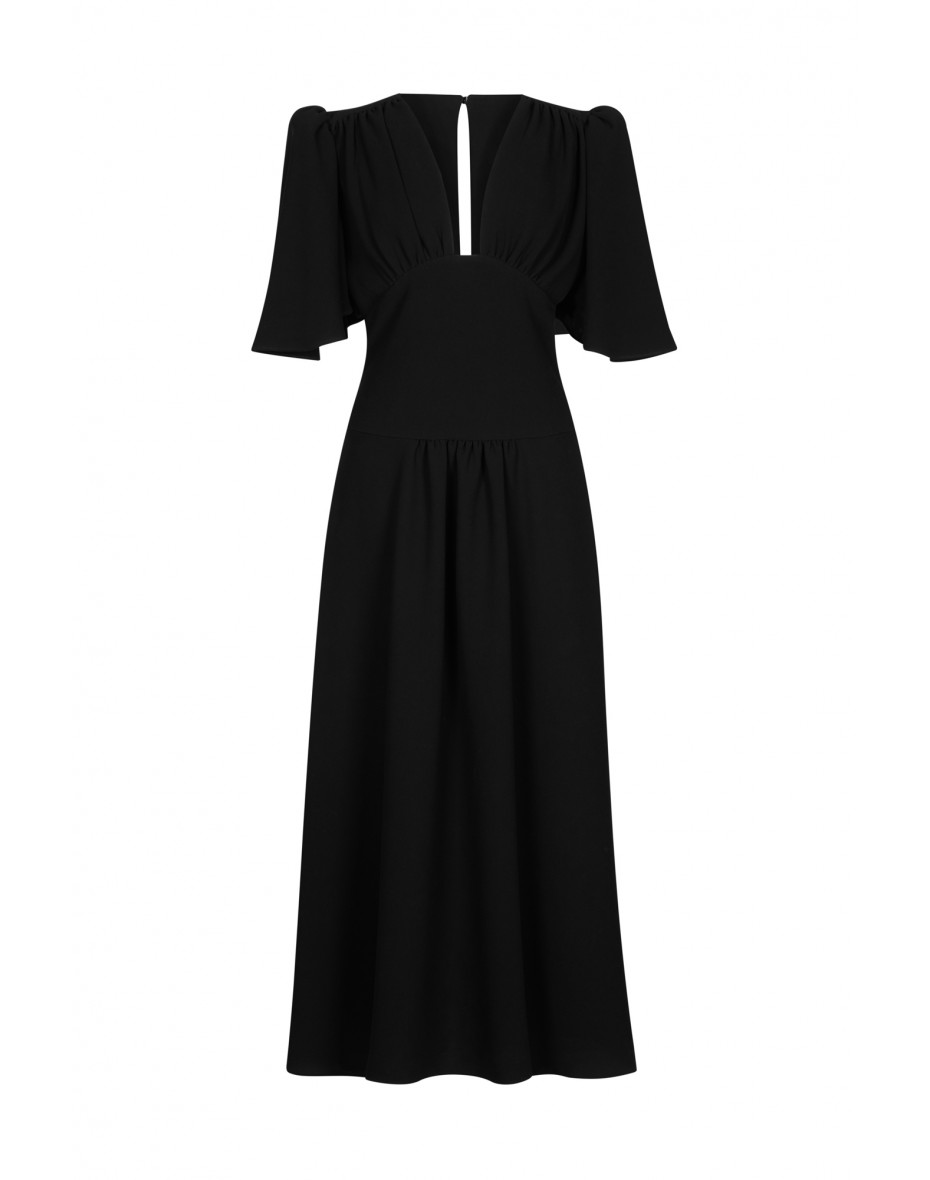 Black BUTTERFLY-SLEEVE crepe MIDI DRESS