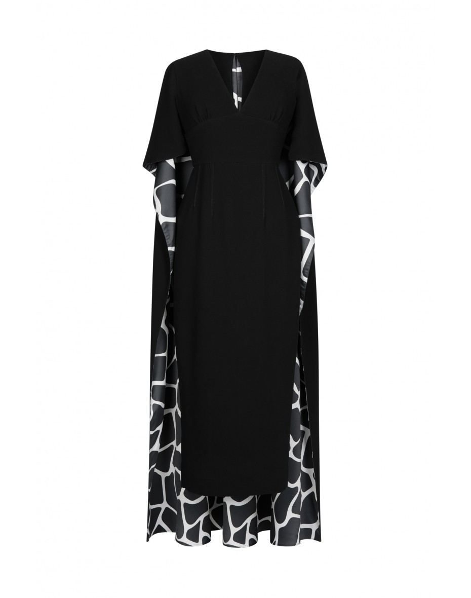 black V-neck cape-sleeve dress with giraffe print